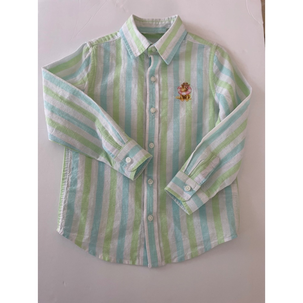 Janie and Jack x Gray Malin Boys Striped Linen Cotton Shirt Green Blue Size 4 - Picture 8 of 12